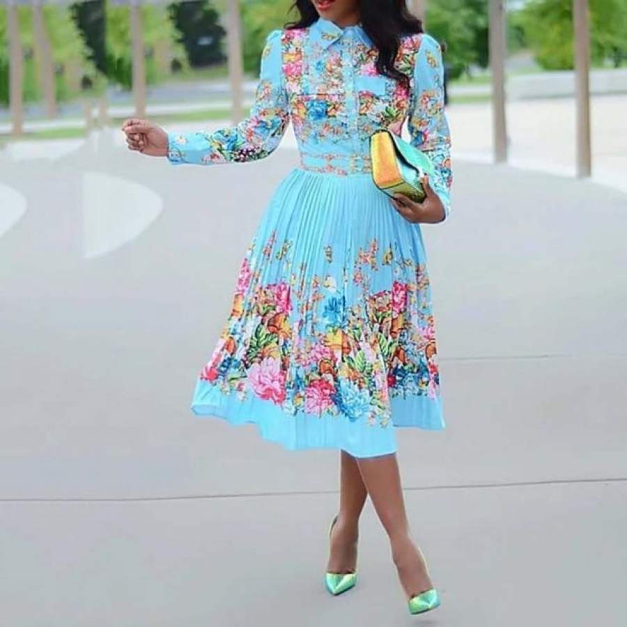 Long Sleeve Women Pleated Floral Print Dress Elegant Vintage Dress