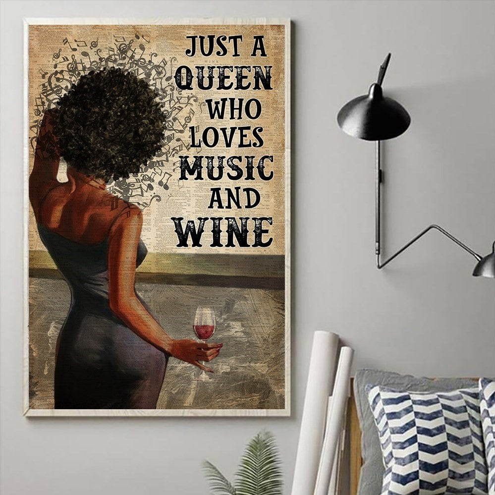 Black Queen Who Loves Music and Wine Poster Canvas Home Decor Birthday Gifts