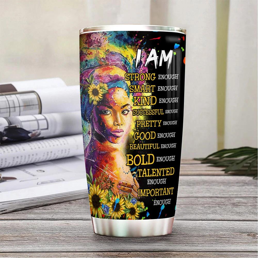 Personalized Proud Strong Afican American Girl Black Queen Stainless Steel Skinny Tumbler Bulk, Double Wall Vacuum Slim Water Tumbler Cup With Lid, Reusable Metal Travel Coffee Mug