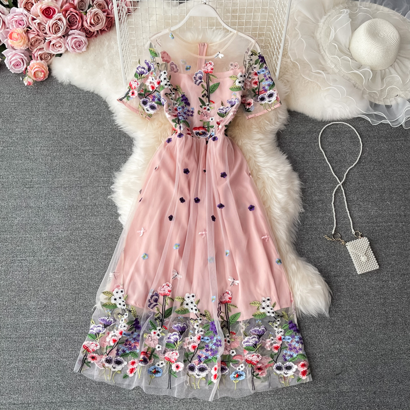 2021 Fashion Embroidered Lace Mesh Dress Women Romantic Floral Embroidery Pink Party Short Sleeve Elegant Summer Long Dress alx