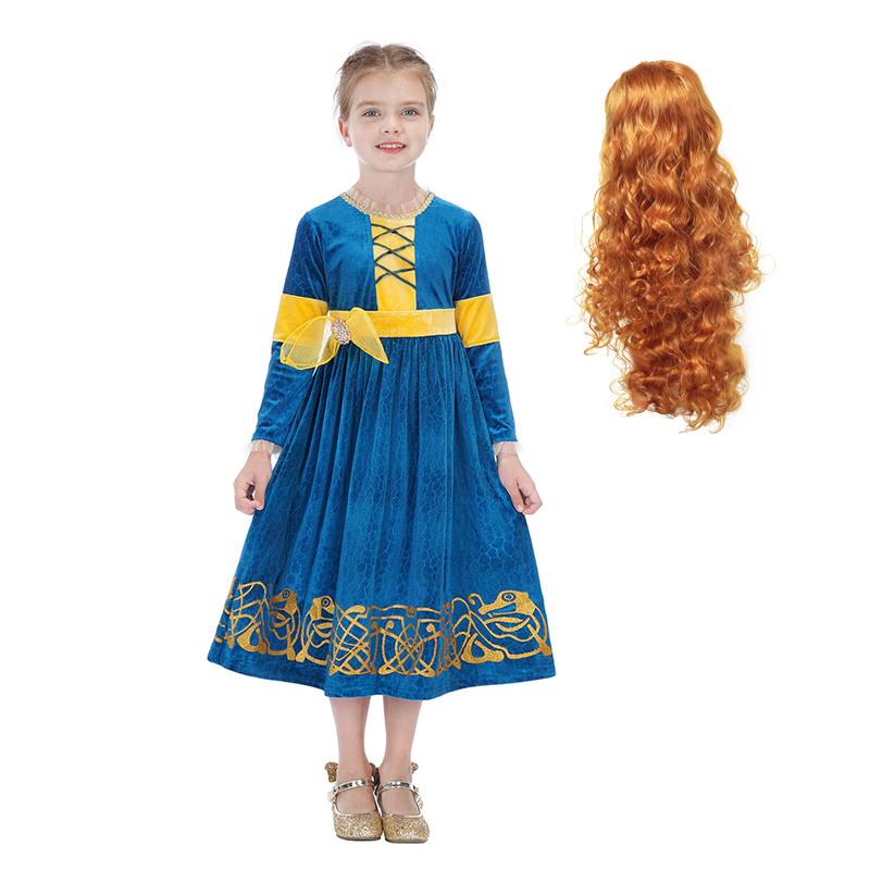 VOGUEON Princess Merida Cosplay Costume Child Girls Brave Merida Dresses Halloween Costumes Kids Cartoon Anime Dress Merida Wig alx