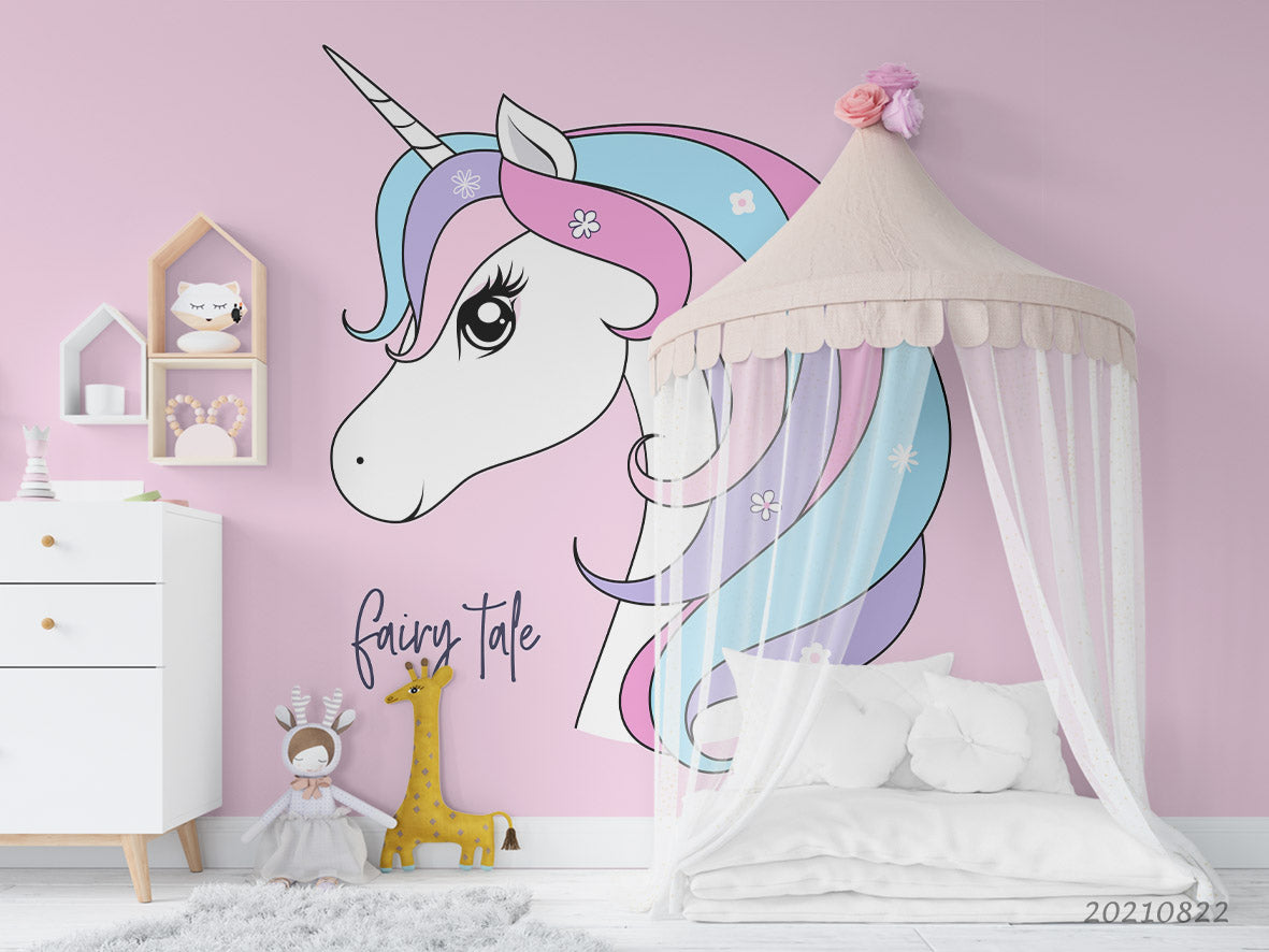 3D Cartoon Animal Unicorn Pink Wall Mural Wallpaper Lqh 426