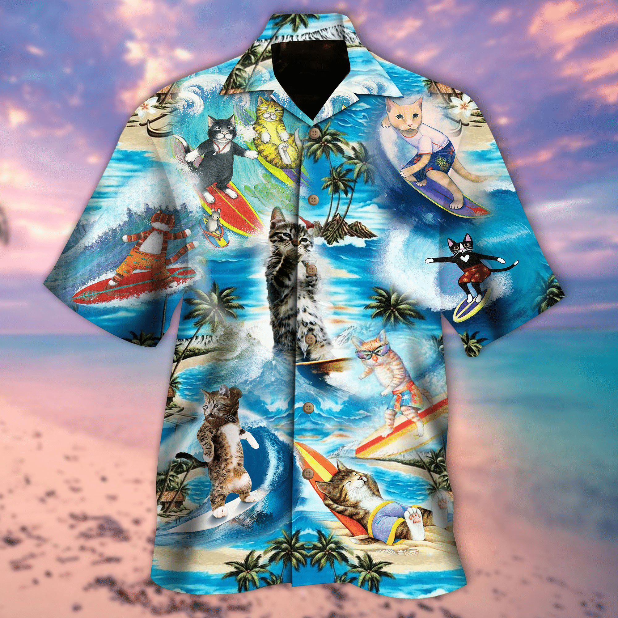 Surfing Like A Meow For Man And Woman Print Short Sleeve Hawaii Shirt Ha86777