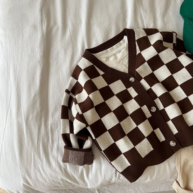 Autumn Baby Sweater Childrens Korean Black White Checkerboard Plaid Sweaters Cardigan Jacket Spring Kids Clothes For Boys Girls alx