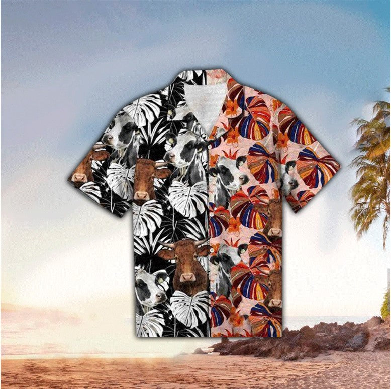 Cow Floral Colorful Hawaii Shirt Aloha Tropical Sleeve Summer Ha64450