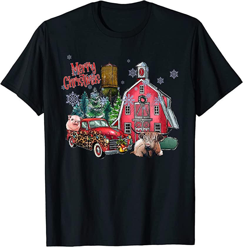 Red Truck Red Barn Farm Animals Cow Merry Christmas Farmer T-Shirt