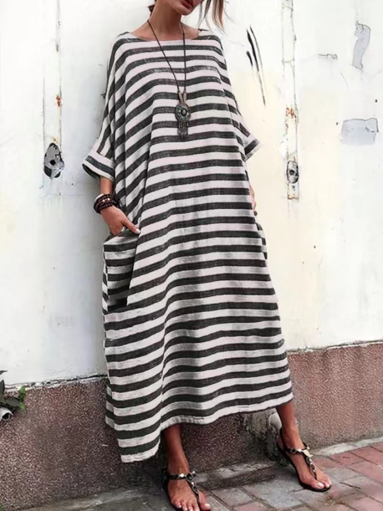 Women’s Casual Dress Summer Striped Print Loose Plus Size Dress Elegant Femme Robe White Black Stripe Ropa Mujer 4XL 5XL alx