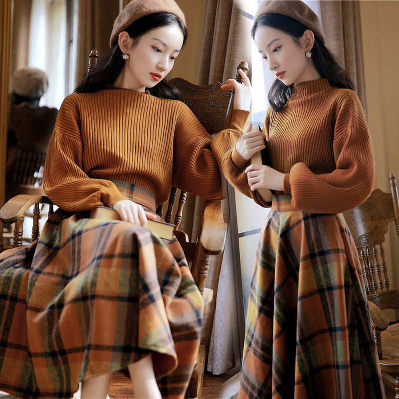 Woman Knitted Vintage Tweed Two Piece Set Female Sweater Top Coat and Plaid Print Midi-length Skirts Ladies Two Piece Suits G264 alx