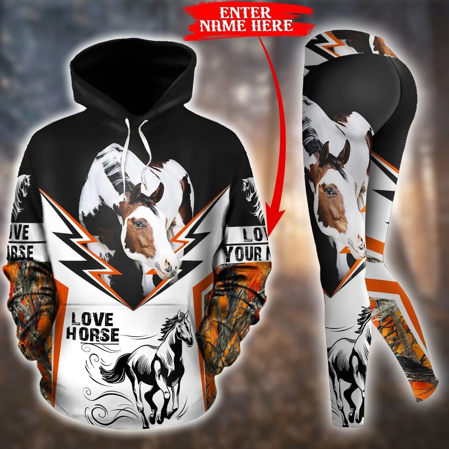Horse Cows Orange And White Personalized Unique 3D Printed Sublimation Leggings Hoodie Set Hooded Sweatshirt Comfy Yoga Pants Tummy Control CTC1401519