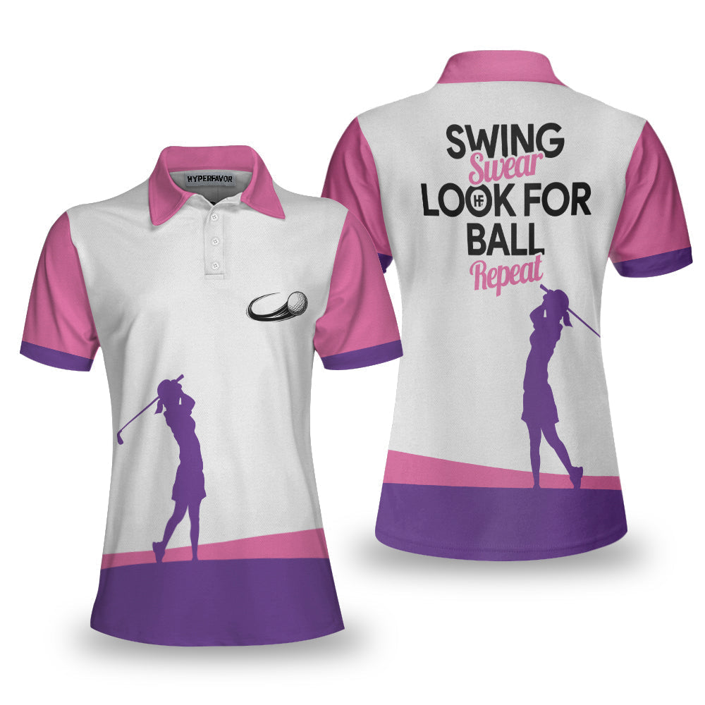 Swing Swear Look For Ball Repeat Golf Short Sleeve Women Polo Shirt, White And Pink Golf Shirt For Ladies, Unique Female Golf Gift Coolspod