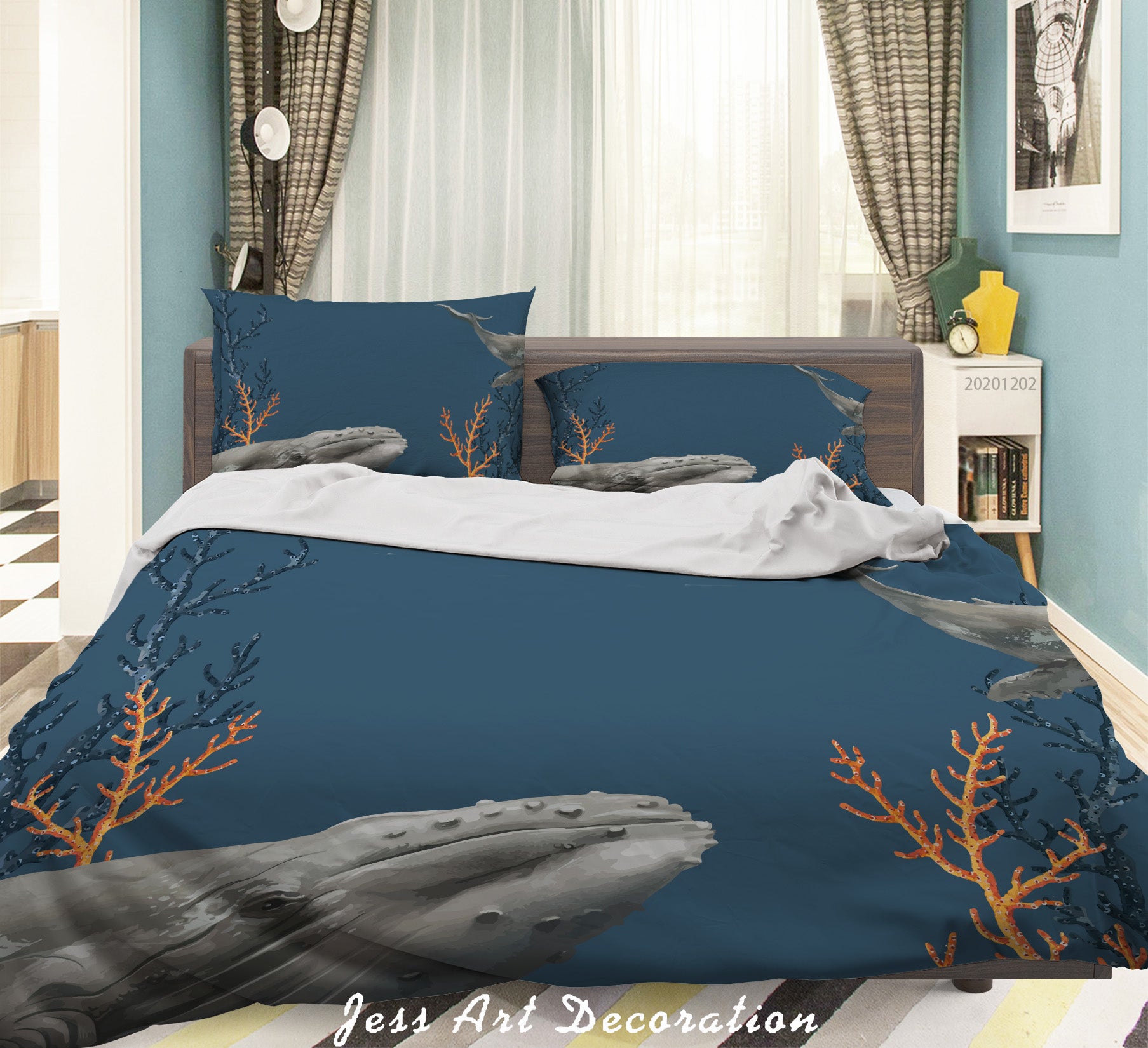 3D Embossed Ocean Grey Whale Fish Coral Quilt Cover Set Bedding Set Duvet Cover Pillowcases Lxl