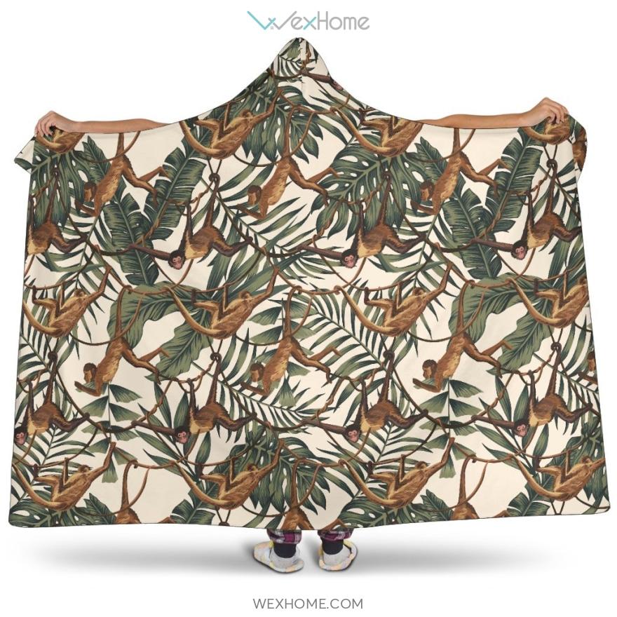 Monkey Tropical Leaves Background Hooded Blanket