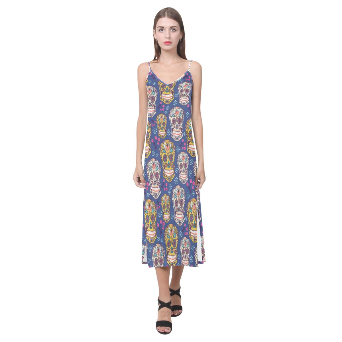 Sugar skull flower pattern V-Neck Open Fork Long Dress