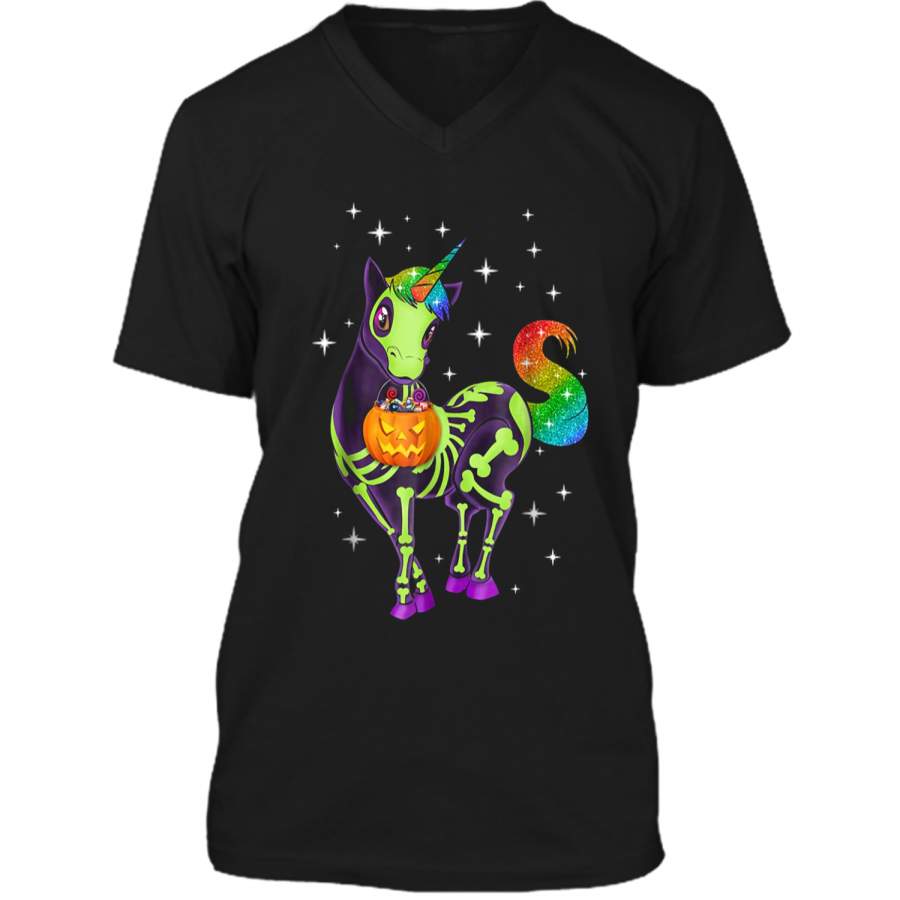 Unicorn Skeleton Halloween Magical Candy Glow Gift  Mens Printed V-Neck T