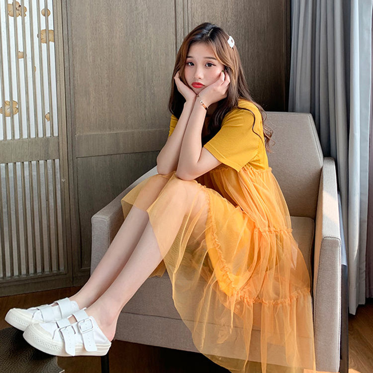 2022 Summer Mesh Stitching T-shirt Dress Female Avocado Green Super Fairy Short-sleeved Doll Dress Small Fresh and Fashionable alx