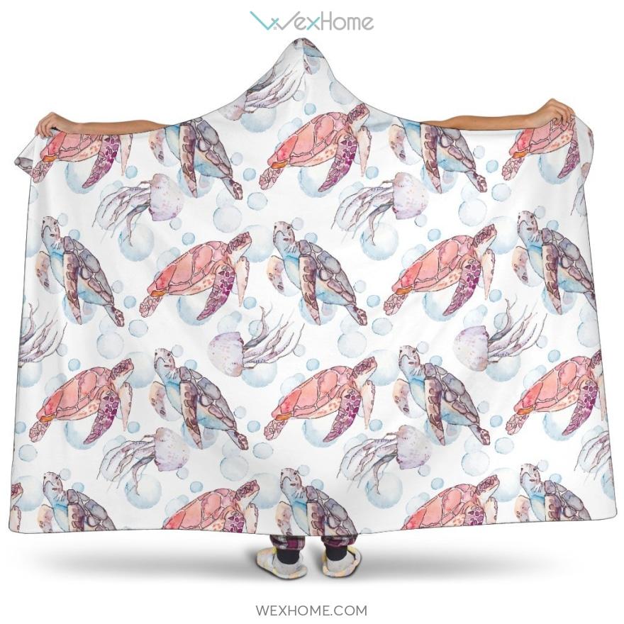 Watercolor Sea Turtle Jellyfish Pattern Hooded Blanket