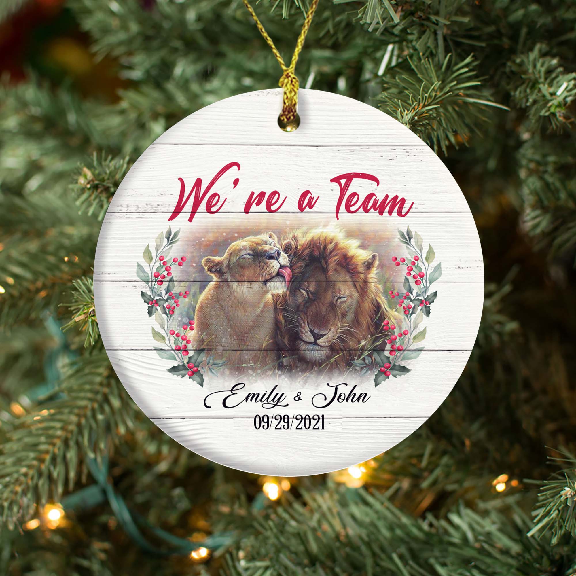 [Personalized Name & Date] 2021 Christmas Ornament Custom Engagement Ornament Lion We’Re A Team, Ceramic, Magic Exhalation