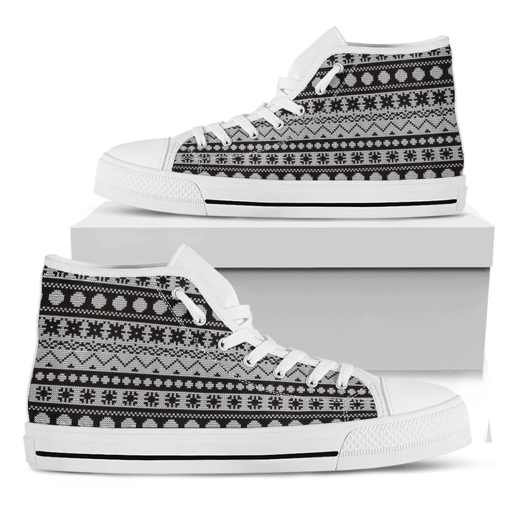 White And Black Knitted Pattern Print White High Top Shoes