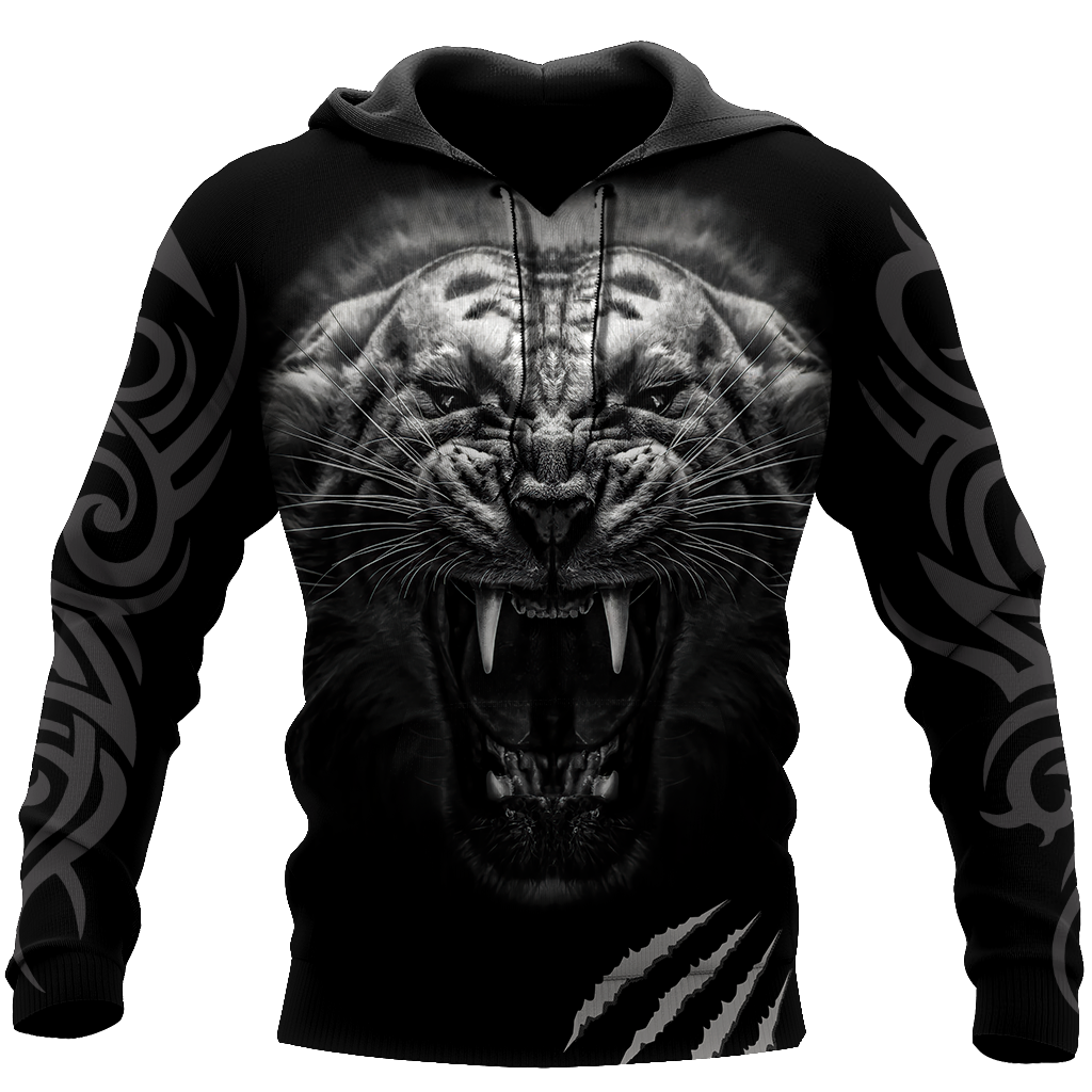 3D Tattoo White Tiger Over Printed Hoodie