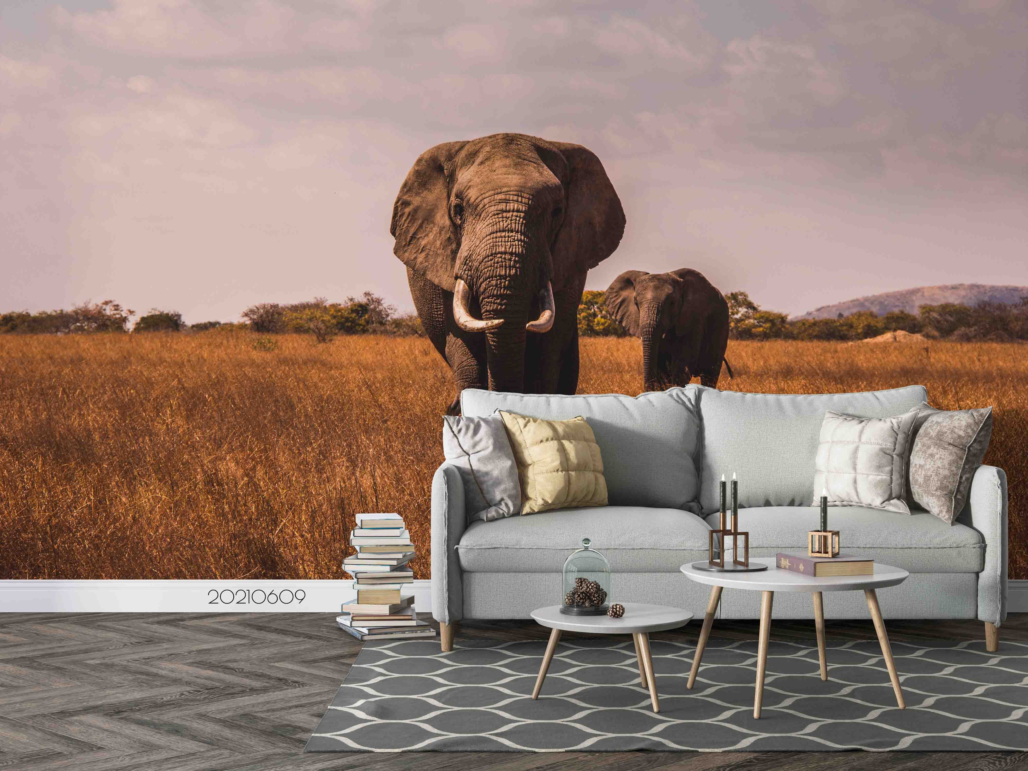 3D Africa Grassland Elephant Wall Mural Wallpaper Sww1641