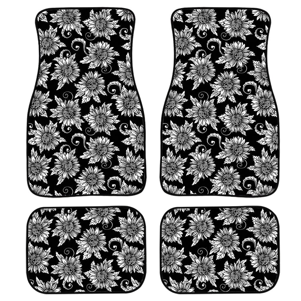 Black And White Vintage Sunflower Print Front And Back Car Floor Mats, Front Car Mat