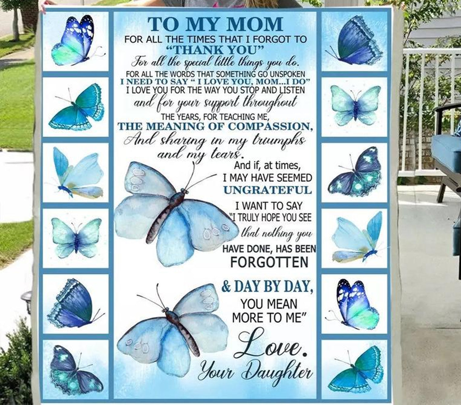 To My Mom Thank You For All The Special Little Things You Do, Beautiful Bue Butterflies Fleece Blanket Home Decor Bedding Couch Sofa Soft And Comfy Cozy Gift From Daughter