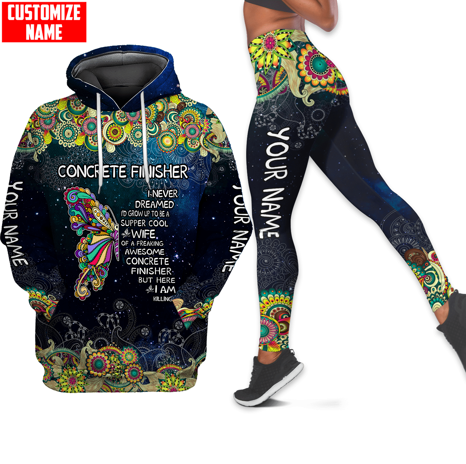 Wife Of Concrete Finisher Custom Name Butterfly Pattern Combo Legging Hoodie