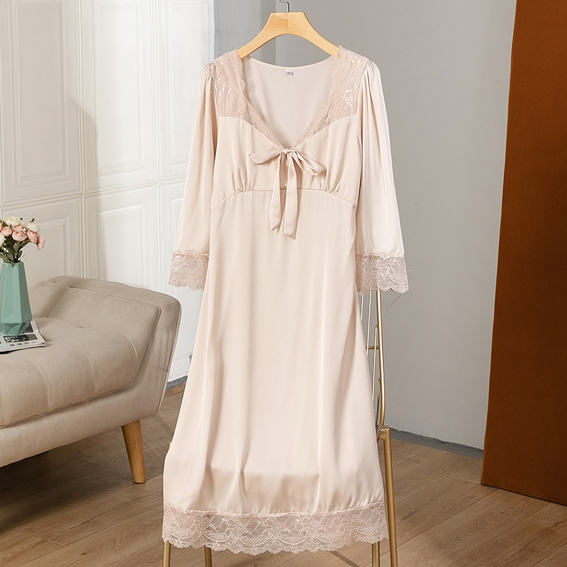 Women Satin Nightdress With Lace Full Sleeve Nightgown Lace Sleepwear Sleep Dress Soft Intimate Lingerie Home Dressing Gown alx