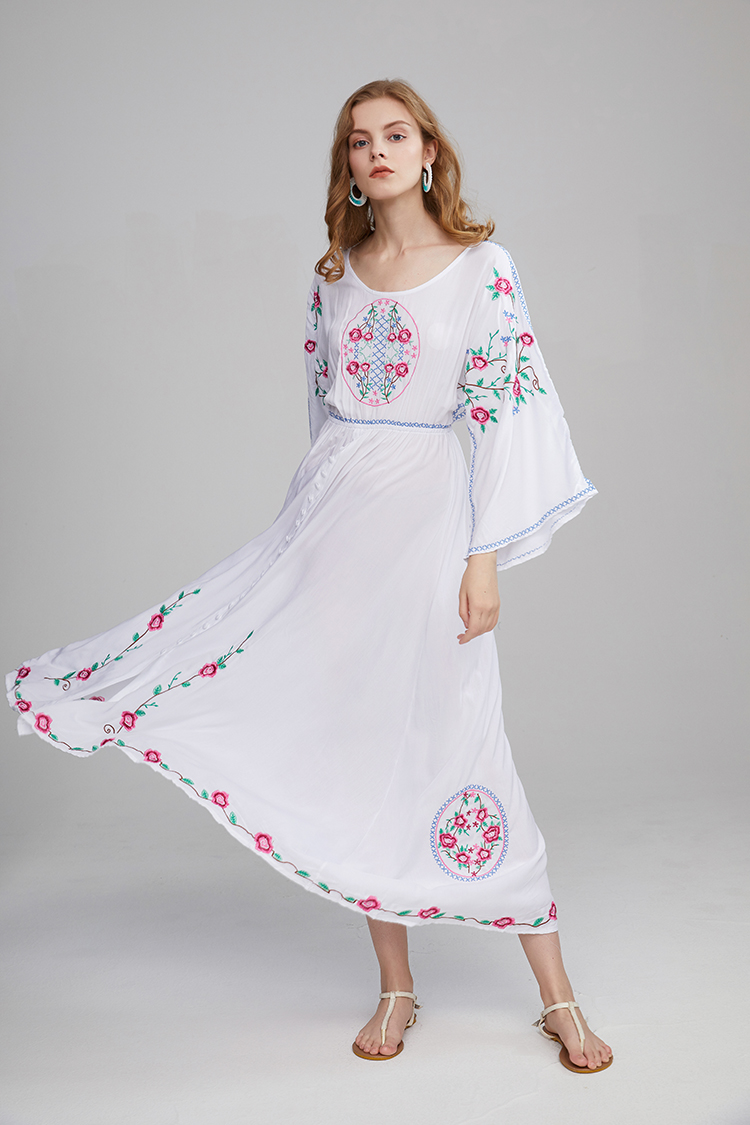 TEELYNN White Cotton Floral Embroidered Maxi Dress Women Vintage O-Neck Backless Summer Dresses Loose Casual Beach Boho Vestidos alx