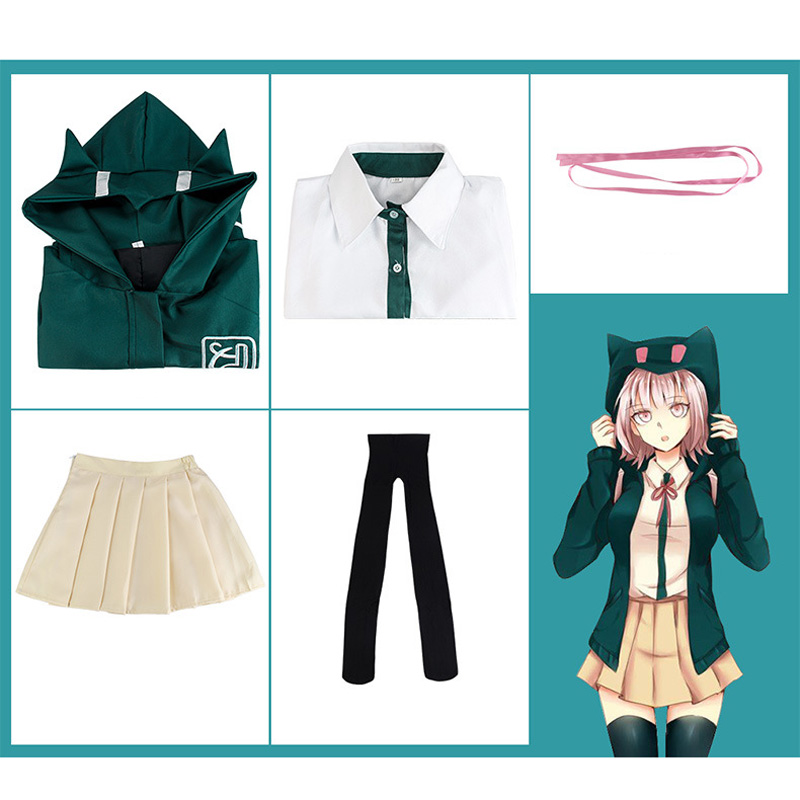 Aboutcos Danganronpa Chiaki Nanami Cosplay Costume Set Cosplay JK School Uniform Anime Cosplay Halloween Costume Women Girls alx