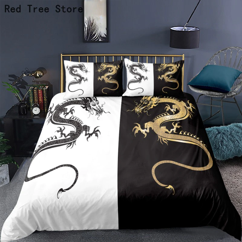 Chinese Golden Dragon Luxury Duvet Cover Microfiber Bedding Set Black King Sizecover With Pillowcase Bedclothes