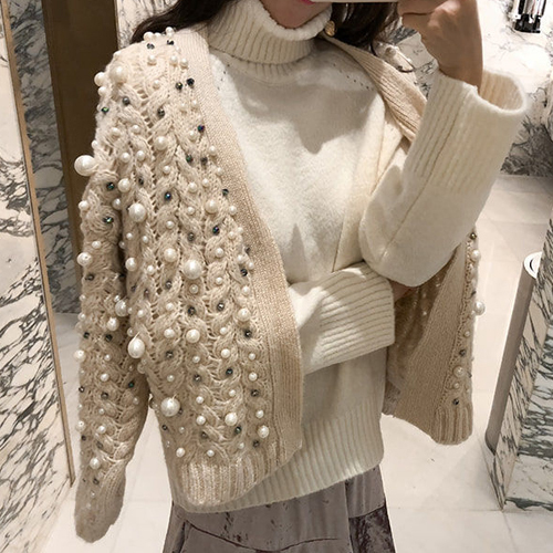 2020 Autumn Winter Warm Knitted Cardigan Coat Hand Studded Pearl Beaded Cardigan Sweater Women’s Short Thick Sweaters Overcoat alx