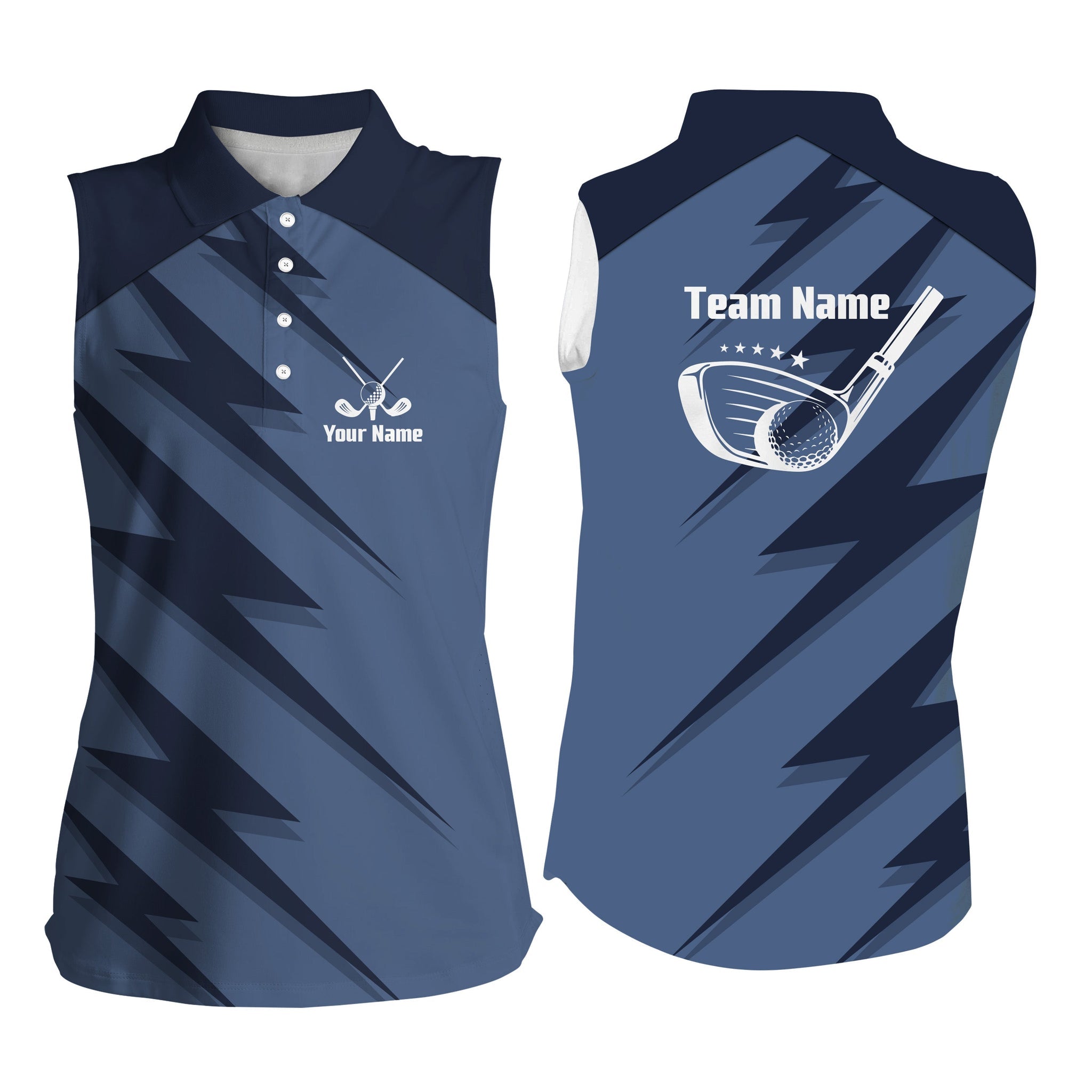 Custom Name And Team Name Golf Shirt, Women Sleeveless Polo Shirts Blue Lightning Shirt, Golfing Gifts, Uniform Team Golf