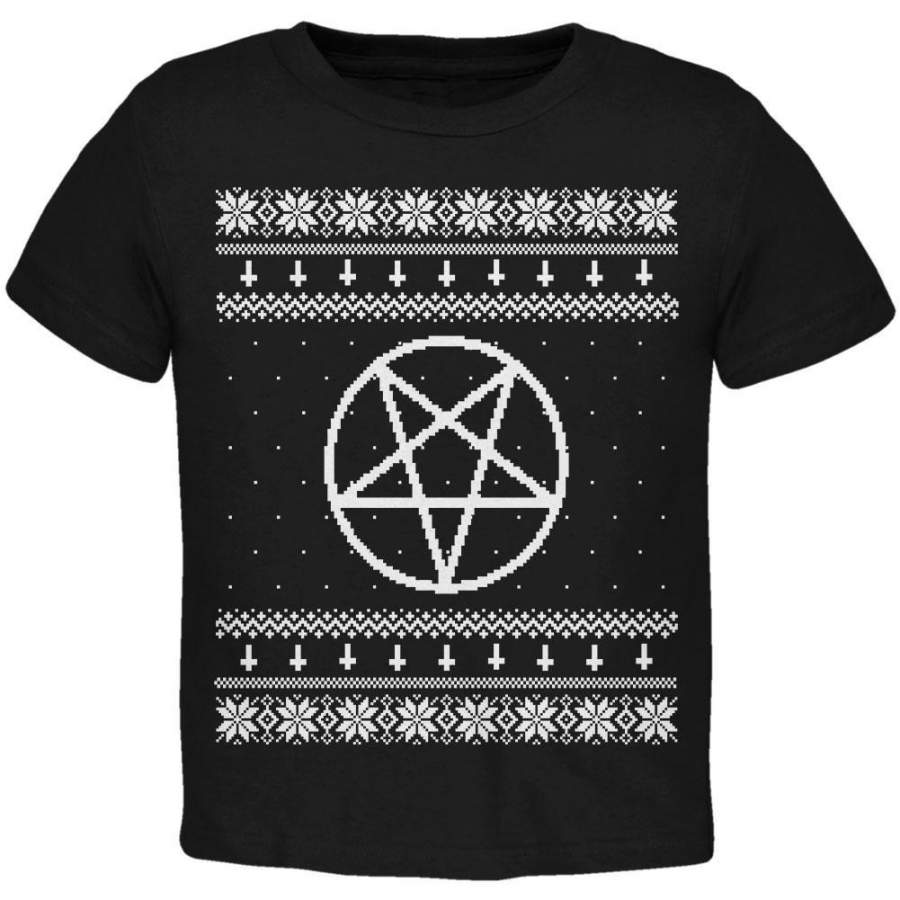 White Satanic Pentagram Ugly Christmas Sweater Black Toddler T-Shirt