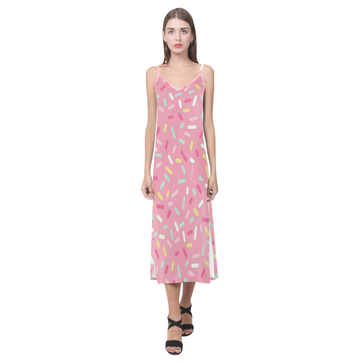 Pink donut glaze candy pattern V-Neck Open Fork Long Dress