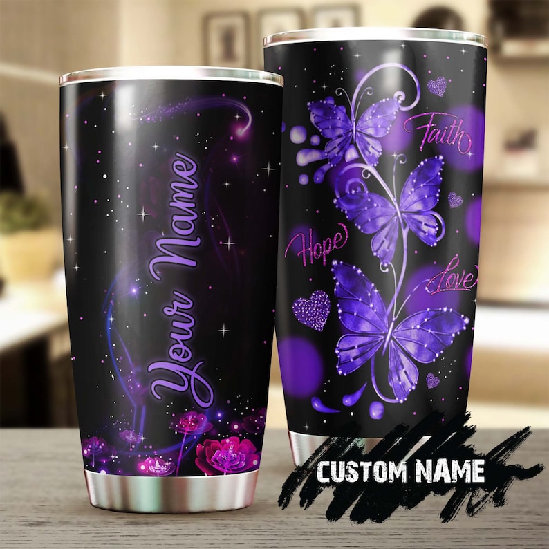 Purple Fairy Beautiful Butterfly Faith Hope Love Personalized Tumbler-Birthday Christmas Gift For Jesus Catholic Christians