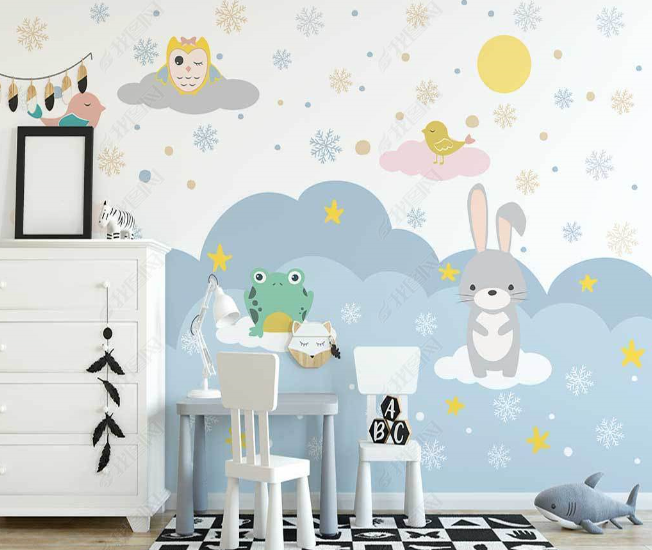 3D Cartoon Cloud Animal Bunny Frog Wall Mural Wallpaper Lqh 18