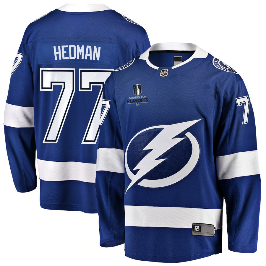 Victor Hedman 77 Tampa Bay Lightning Stanley Cup 2023 Playoffs Patch Home Breakaway Men Jersey – Blue