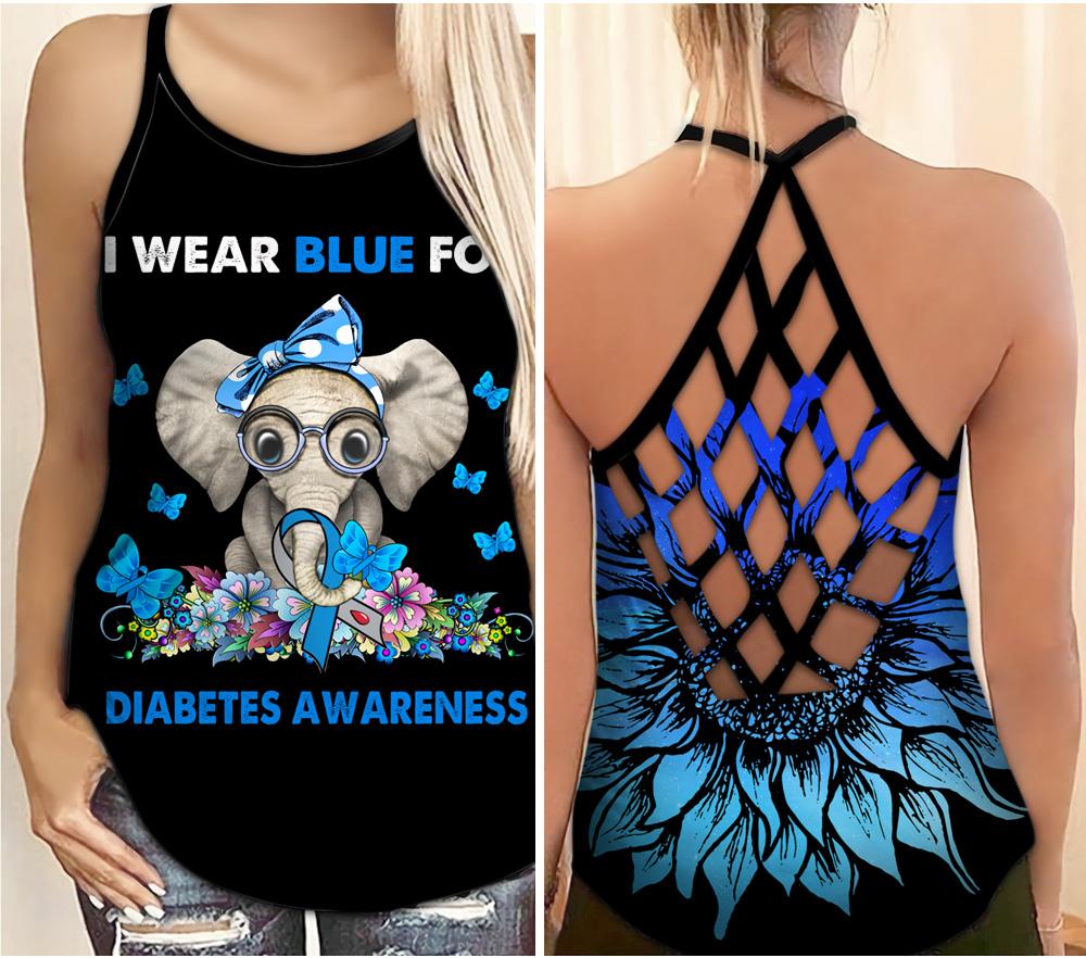 I Wear Blue For Diabetes Awareness Tank Top Shirt Women – Little Elephant Cross Open Back Camisole Tank