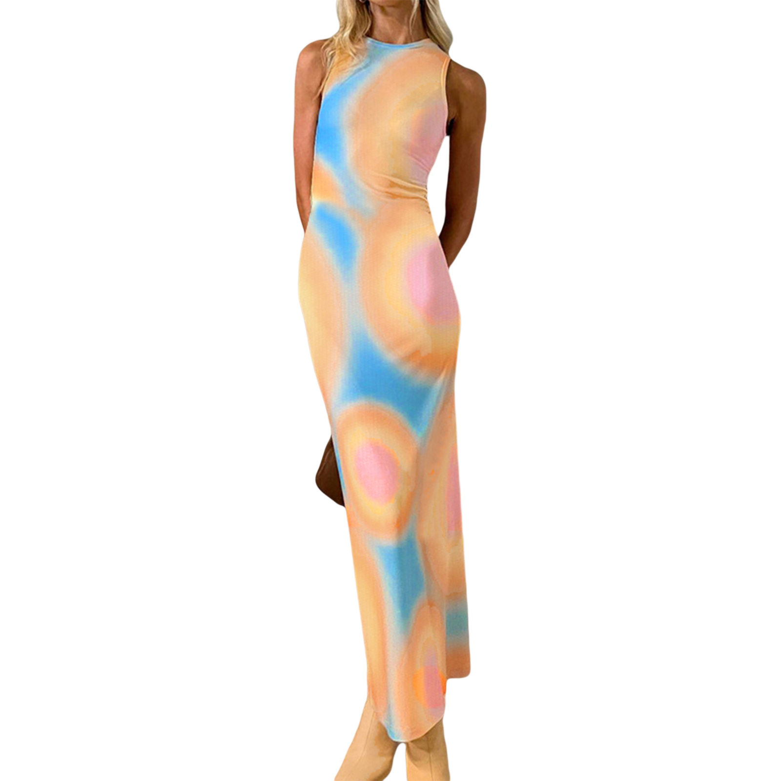 Winkinlin Women s Sleeveless Dress Tie Dye Print Long Skinny Version Round Neck Summer Long Dress alx