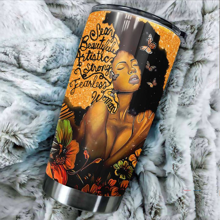 Black Girl Sexy Beautiful Artistic Strong Fearless Woman Stainless Steel Skinny Tumbler Bulk, Double Wall Vacuum Slim Water Tumbler Cup With Lid, Reusable Metal Travel Coffee Mug