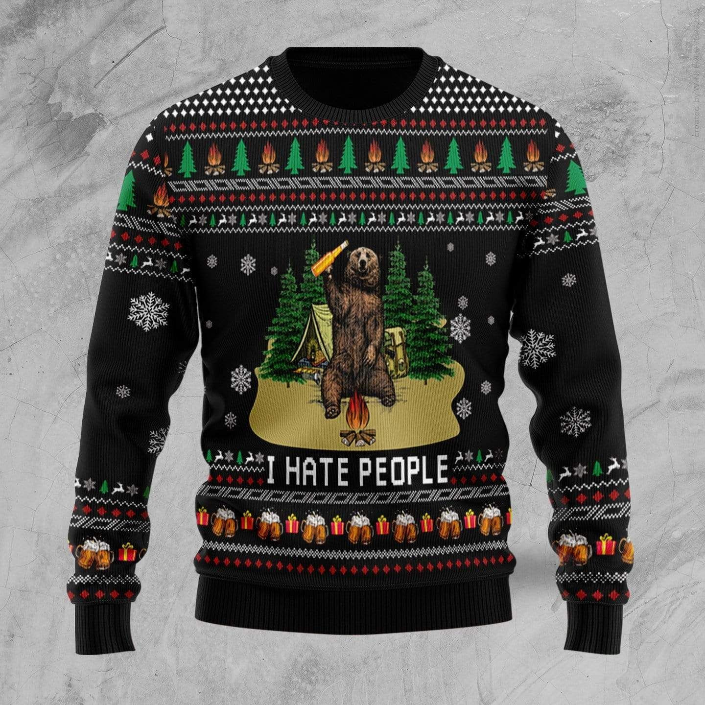 Bear Beer Camping I Hate People Ugly Christmas Sweater H