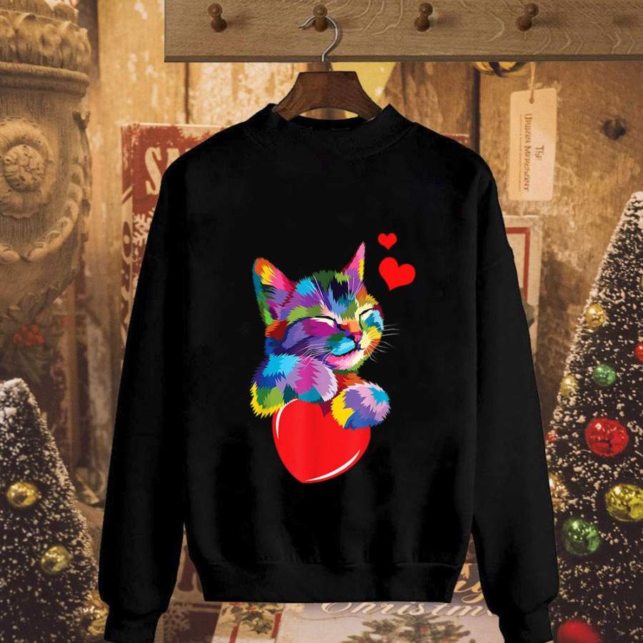 Colorful cute cat valentine’s day kitten lovers great valentine gift for cat lover black sweatshirt for men and women S-5XL