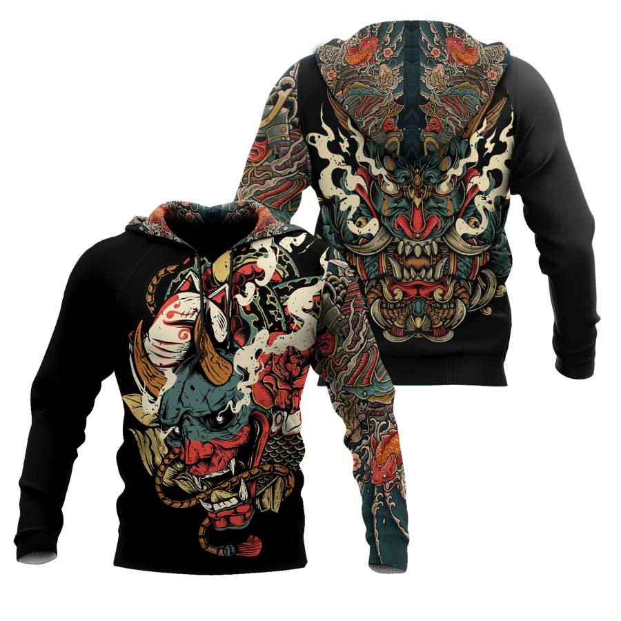 3D Oni Mask Tattoo Over Printed Shirt for Men and Women TP