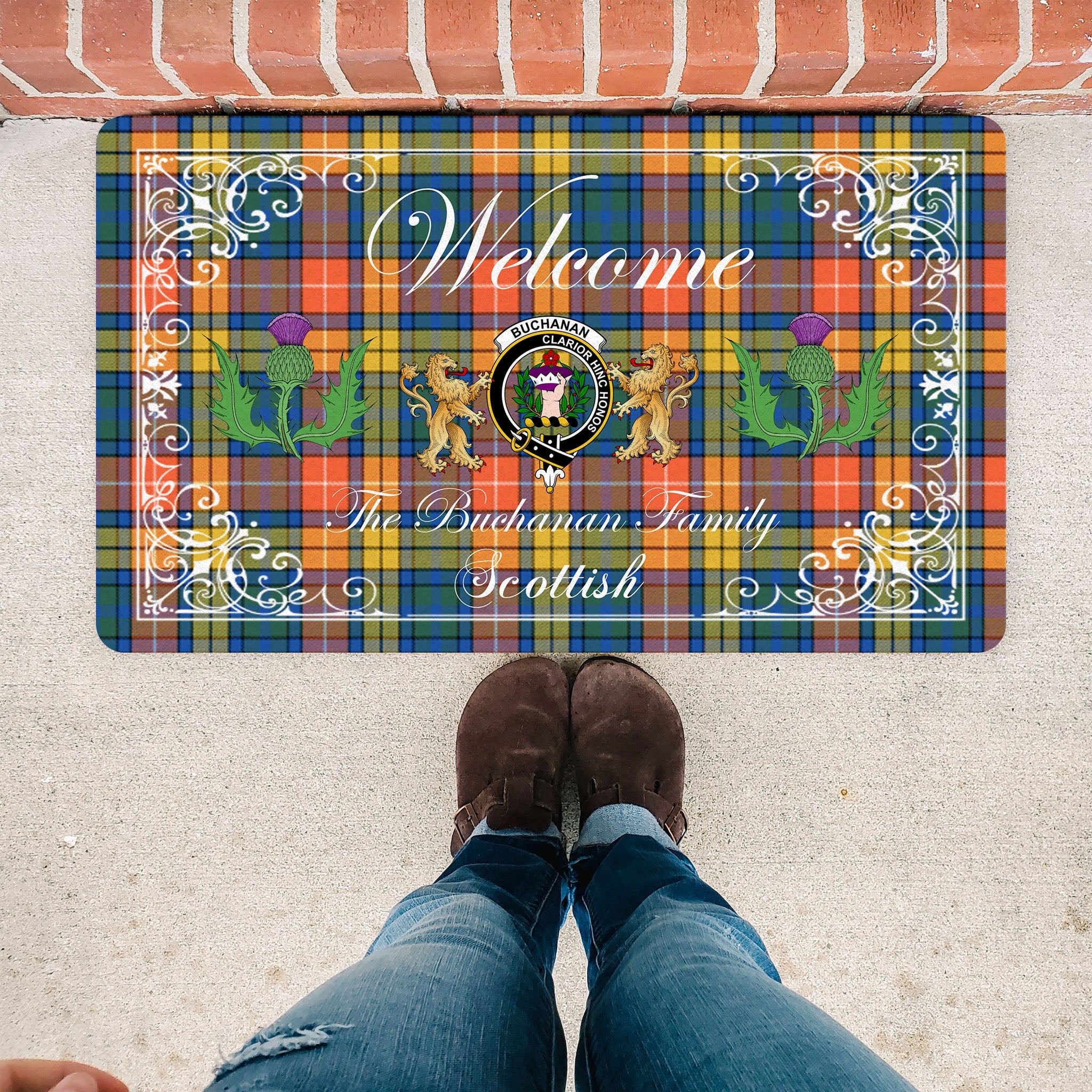 Scotstee Shop Tartan Door Mats Clan Buchanan Ancient Badge Tartan Thistle And Two Lion Scottish Plaid Doormat, Christmas Door Mat Gift