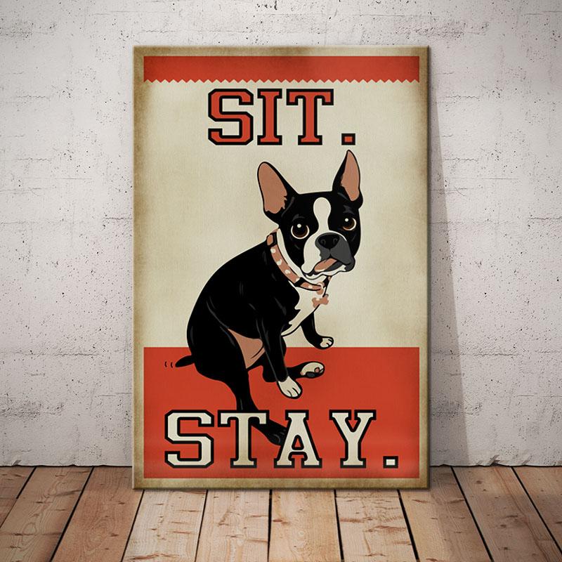 Boston Terrier Dog Canvas And Poster Sit Stay | Art Print | Home Decor | Room Decor | Wall Art