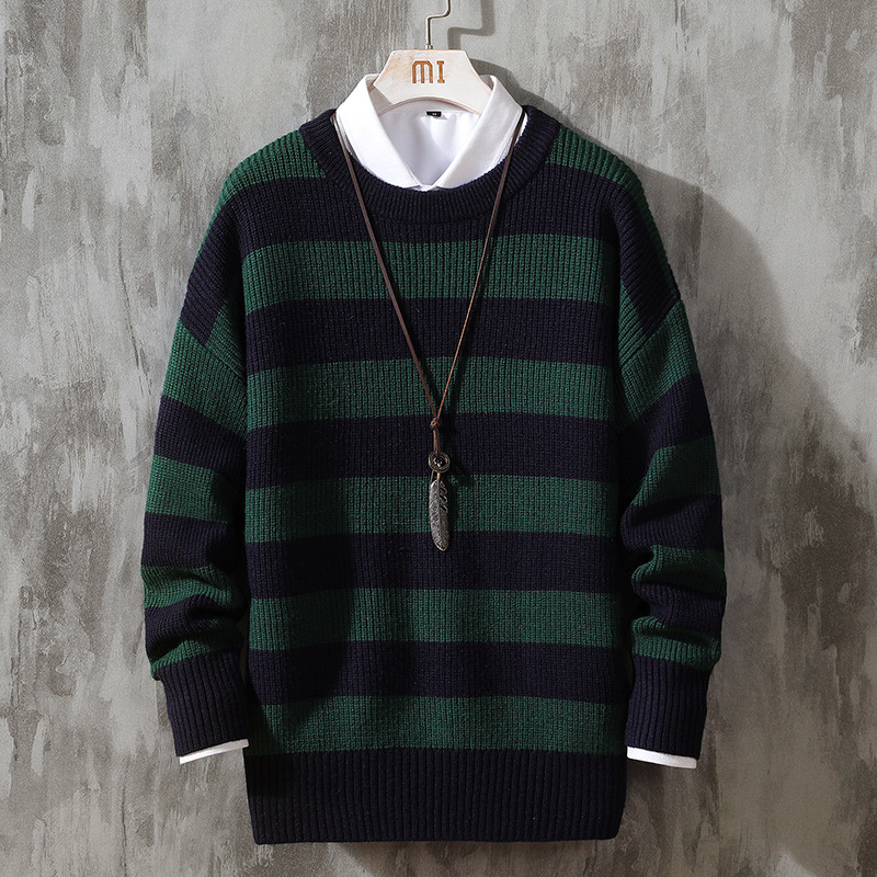 2022 New Spring Men O-Neck Sweater Fashion Stripe Patchwork Pullover Mens Autumn Casual Knitted Sweaters Slim Tops Clothing alx