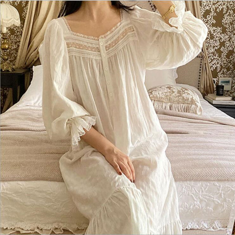 Women Cotton Sleepwear White Loose Mid-Calf Long Home Dress Spring Autumn Full Sleeves Nightwear Princess Vintage Nightgowns alx