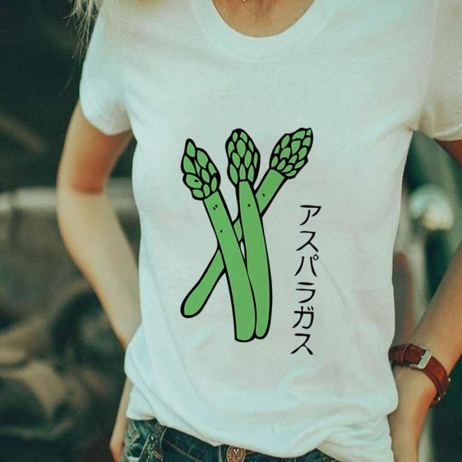 Street Wear Asparagus Japanese Letter Printed Loose White Hipster Shirt