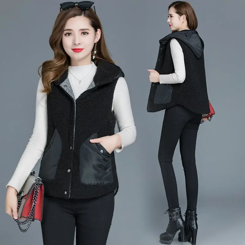 2021 Spring Autumn New Outcoat Imitation Lamb Hair Waistcoat Jacket Women’s Hooded Vest Coat Thermal Short Sleeveless Top Female alx